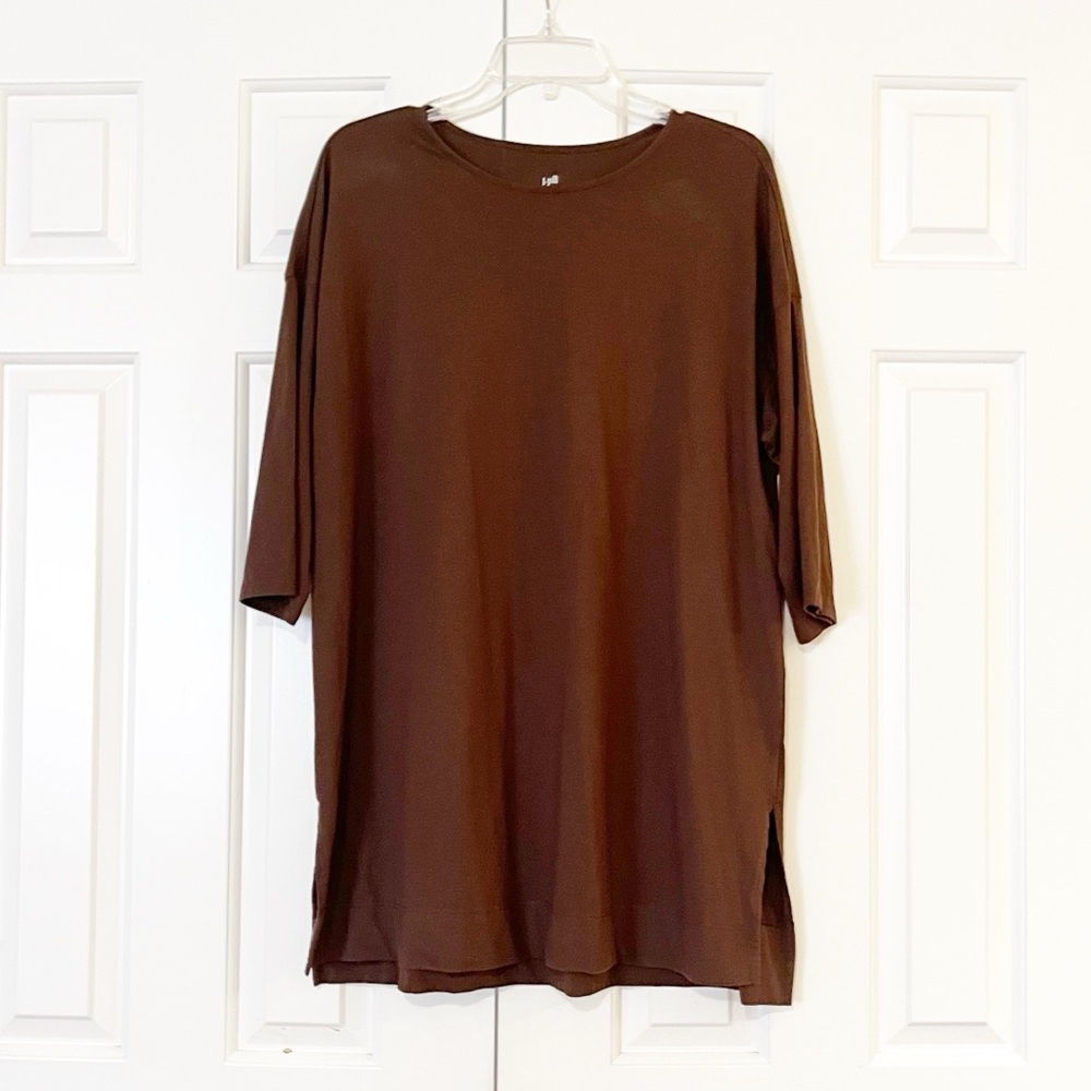 J. Jill Luxe Supima ballet sleeve tunic in dark chocolate brown, slits. Large
